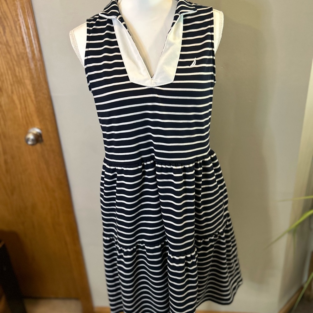 Nautica Navy & White Striped Sleeveless Collared Dress S coastal summer resort S - Picture 7 of 7